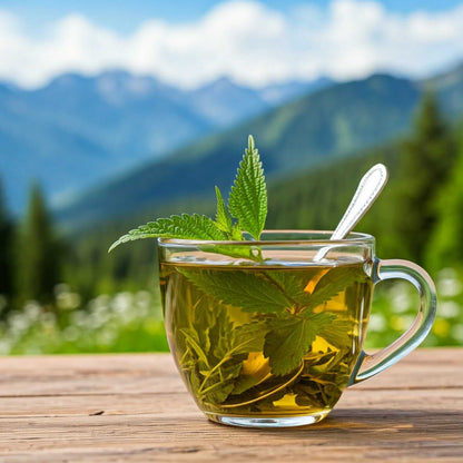 Himalayan Nettle Leaf Green Tea in a clear cup with fresh nettle leaves on a wooden table in the Himalayas.