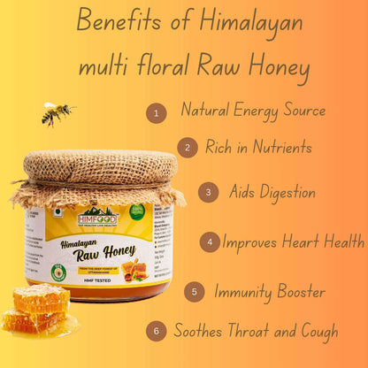 Himalayan Raw Honey jar with benefits listed, showcasing natural energy source, nutrients, digestion aid, and more.