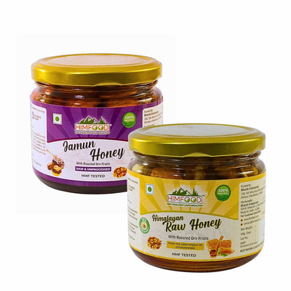 Himalayan Raw Honey Dry fruits combo featuring Jamun Honey and Multiflora Honey jars with dry fruits.