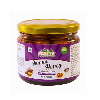 Jamun Honey with dryfruits in a jar, featuring roasted dry fruits and a golden lid, 400g of wholesome delight.