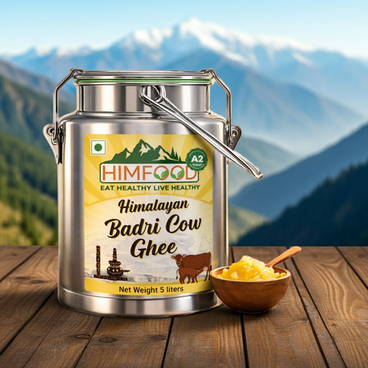 Himfood Himalayan Badri cow ghee 5 liters jar with a bowl of ghee, set in a scenic mountain landscape.