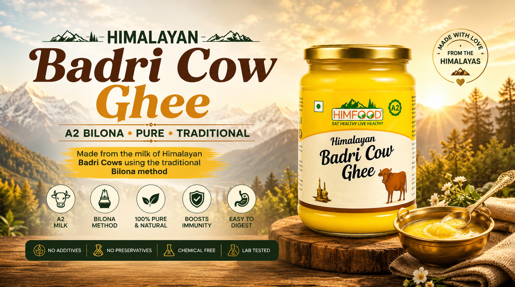 A jar of Himalayan Badri Cow Ghee displayed on a wooden surface with a small bowl of ghee and a spoon, set against a scenic mountain and forest background.