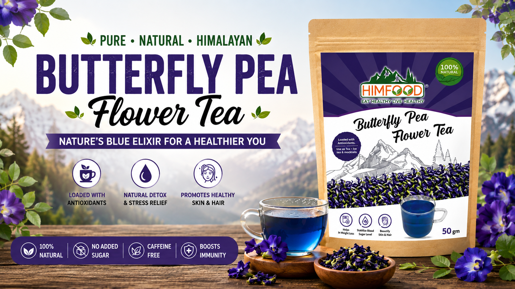 HIMFOOD Himalayan Butterfly Pea Flower Tea with blue herbal tea, butterfly pea flowers and Himalayan mountains