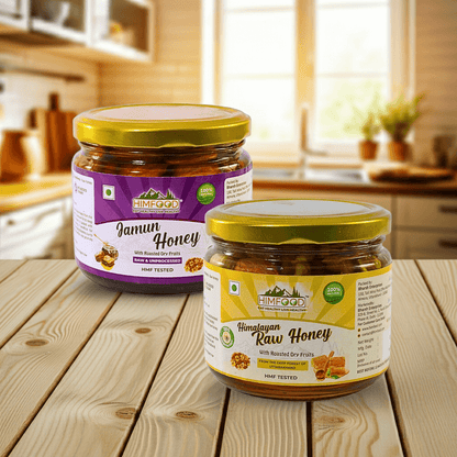 Himalayan raw honey Dry fruits combo jars with Jamun and Multiflora honey, displayed on a wooden table.