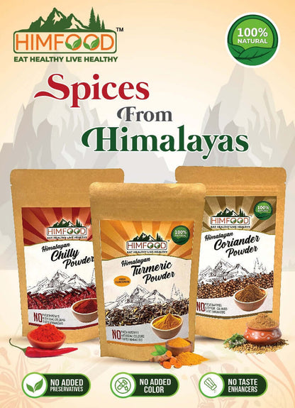 Himalayan spice combo featuring Turmeric, Red Chilli, and Coriander powders in natural packaging.