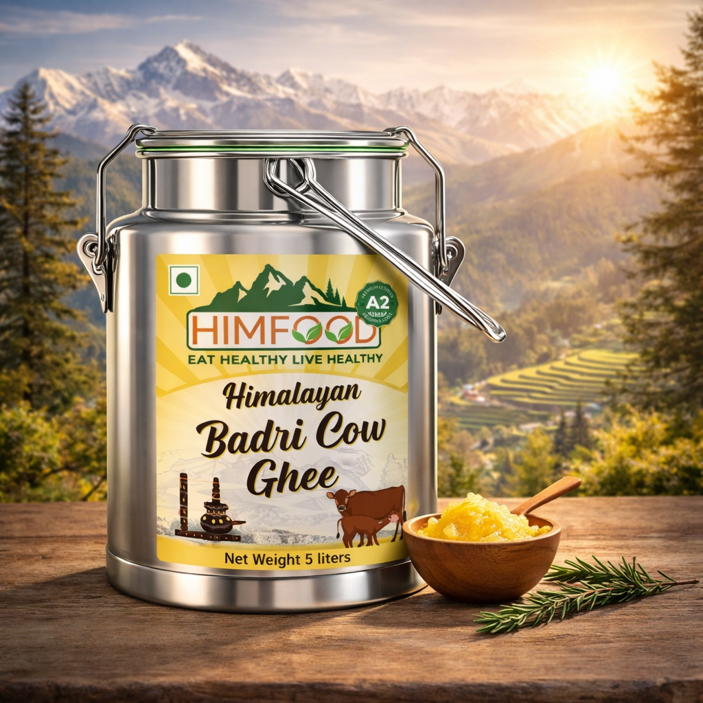 Himfood Himalayan Badri Cow Ghee 5 liters jar with wooden bowl of ghee against mountain backdrop.