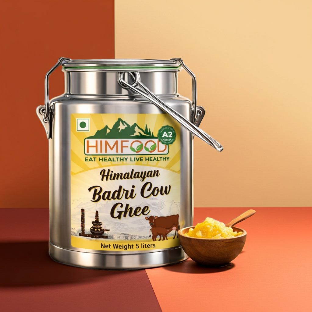 Himfood Himalayan Badri Cow Ghee 5 liters in container with bowl of ghee, highlighting Badri cow ghee quality.