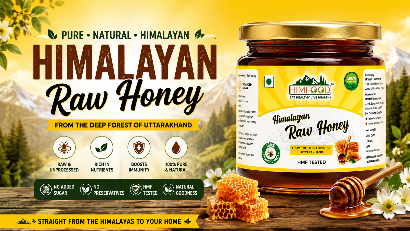 HIMFOOD Himalayan Raw Honey from the deep forests of Uttarakhand with pure natural honey and honeycomb