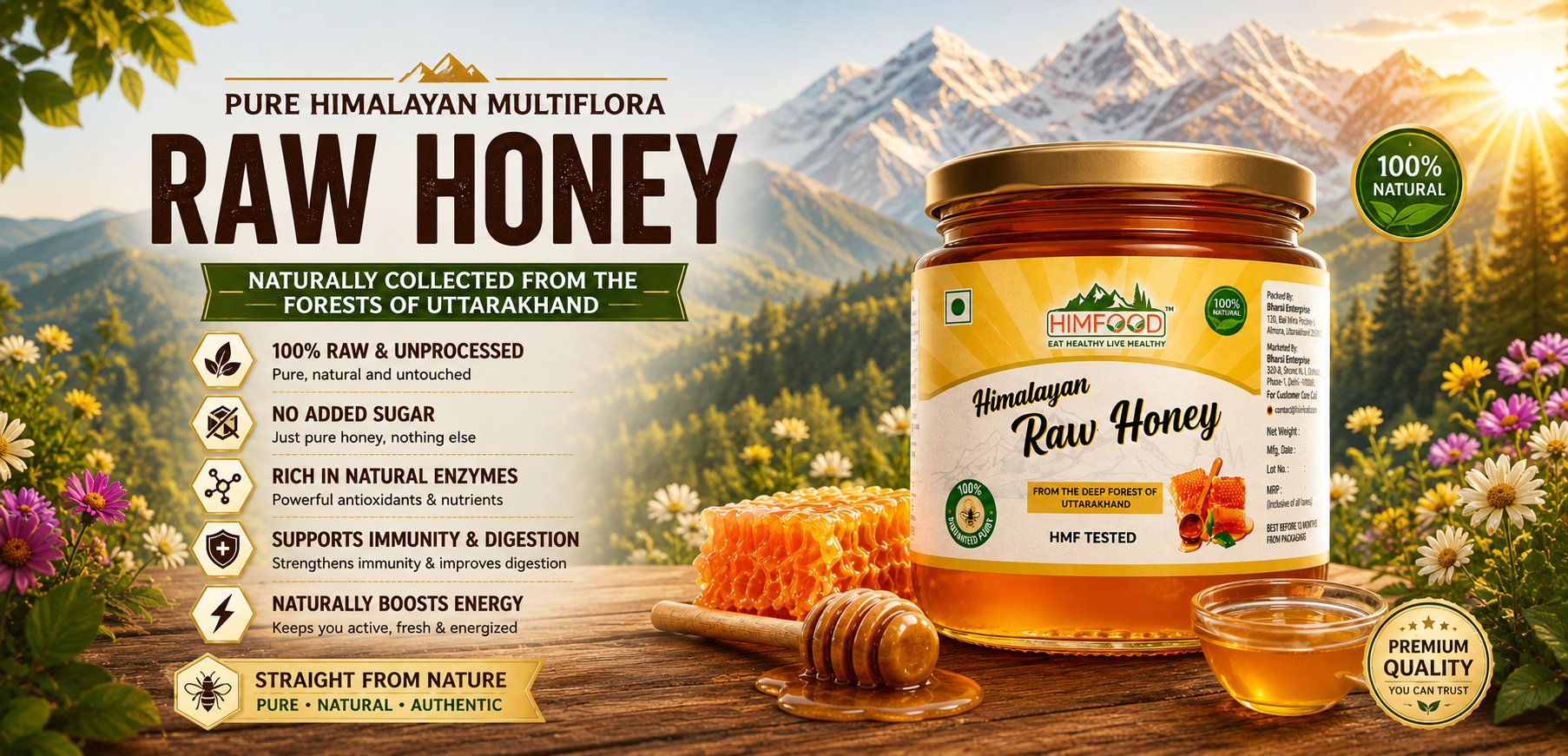 Himfood Himalayan Raw Honey pure natural unprocessed multiflora honey collected from Uttarakhand forests