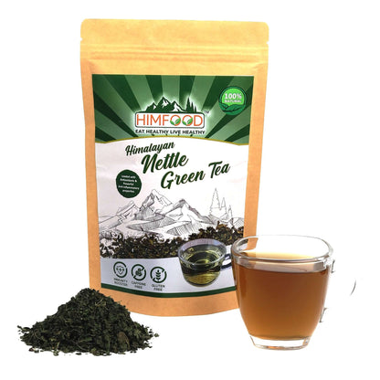 Himalayan Nettle Leaf Green Tea – 50g package with tea leaves and brewed tea in a cup