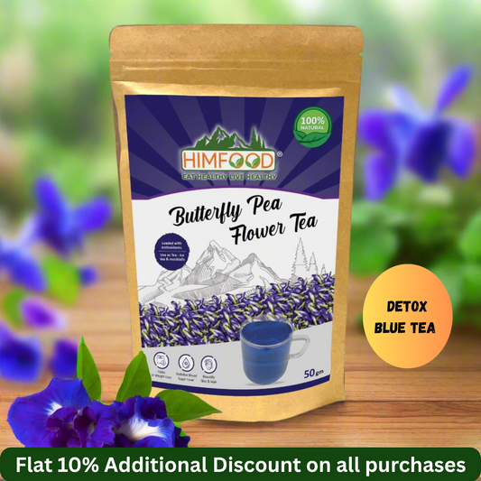 Butterfly Pea Flower Tea - 50g package with blue flowers and a cup, soothing herbal infusion from Himfood.