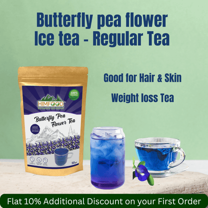 Butterfly Pea Flower Tea - 50g package with iced tea in two glasses, promoting health benefits for skin and weight loss.