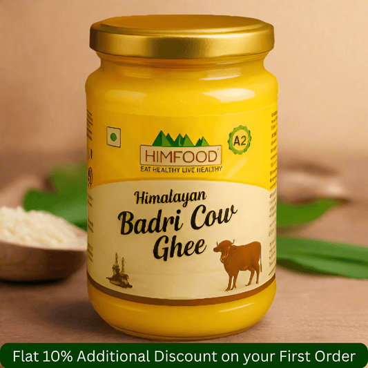 Himalayan Badri Cow Ghee from Himfood in a jar, highlighting traditional bilona method and purity of 500ml ghee.