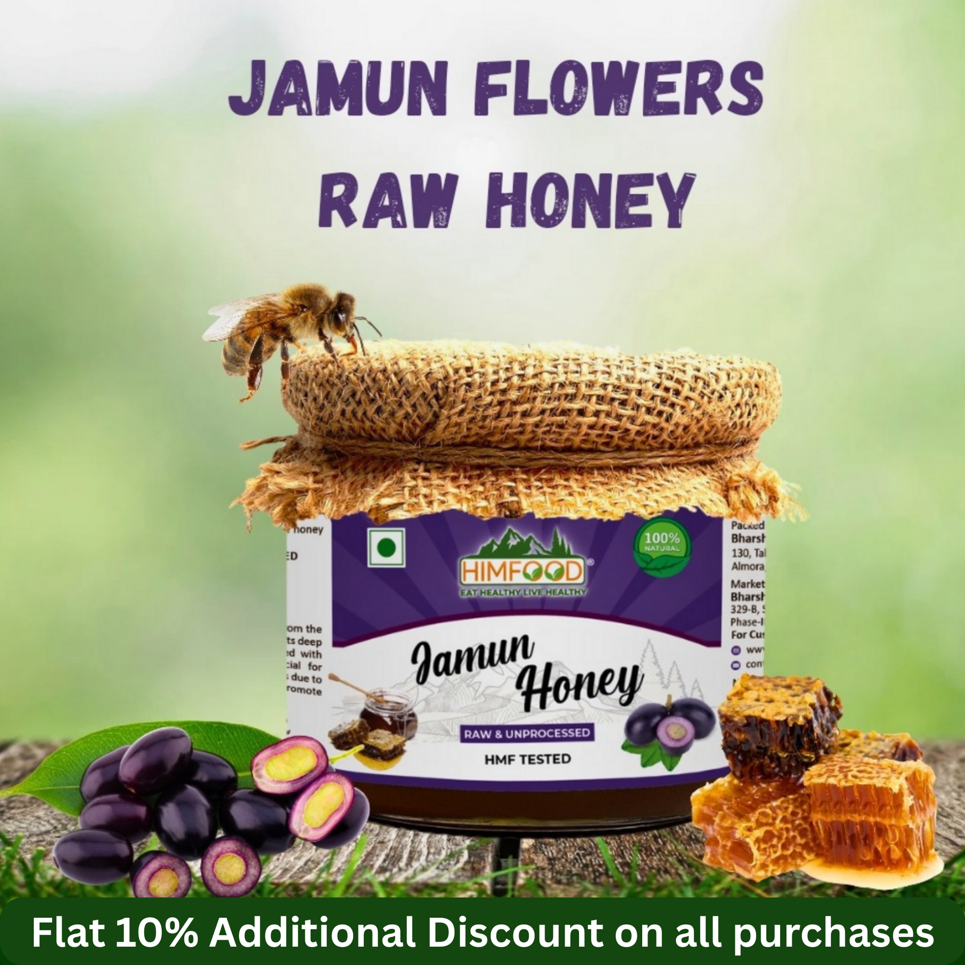 Himalayan Jamun Flower Raw Honey jar with bee and Jamun fruits, showcasing its unique raw flavor.