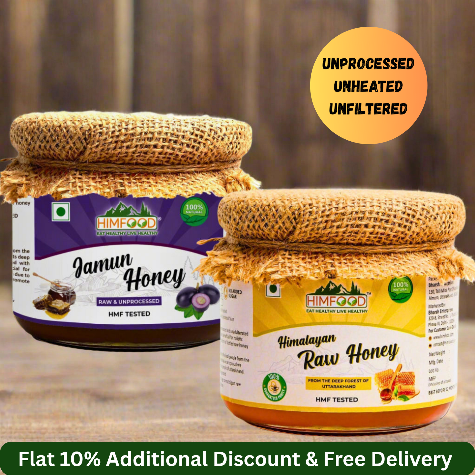 Himalayan Honey Combo Pack featuring Multiflora and Jamun Raw Honey jars with unprocessed labels and discount offer.