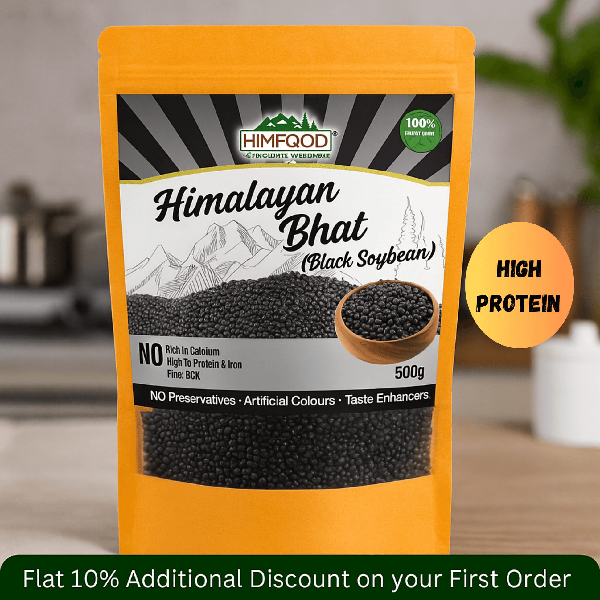 Himalayan black soybean 500g pack, rich in protein and iron, natural product from Himfood with no preservatives.