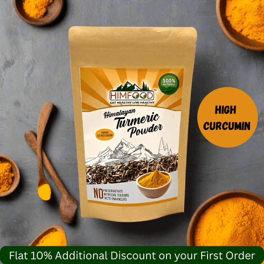 Himalayan High Curcumin Turmeric Powder packaging with slogan and turmeric bowls on textured background.