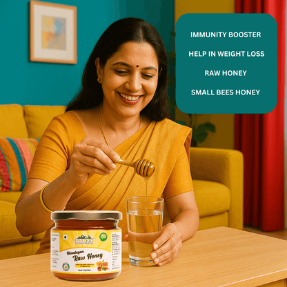 Woman enjoying Himalayan Raw Honey while promoting its benefits like immunity booster and weight loss.