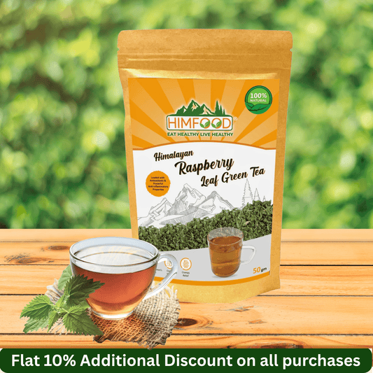 Himalayan raspberry leaf green tea 50g pack with a cup of tea displaying its refreshing brew.
