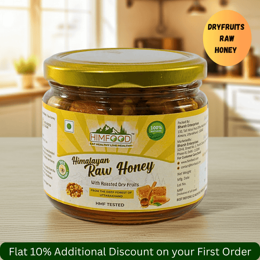 Himalayan Raw Honey with dry fruits in a jar, enriched with roasted dry fruits and offering a nutritious flavor.