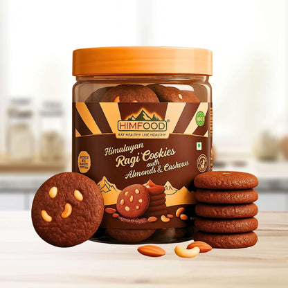 Himalayan Ragi Cookies with almonds and cashews  made with cow ghee, desi khand, almonds and cashews – rich in calcium and iron