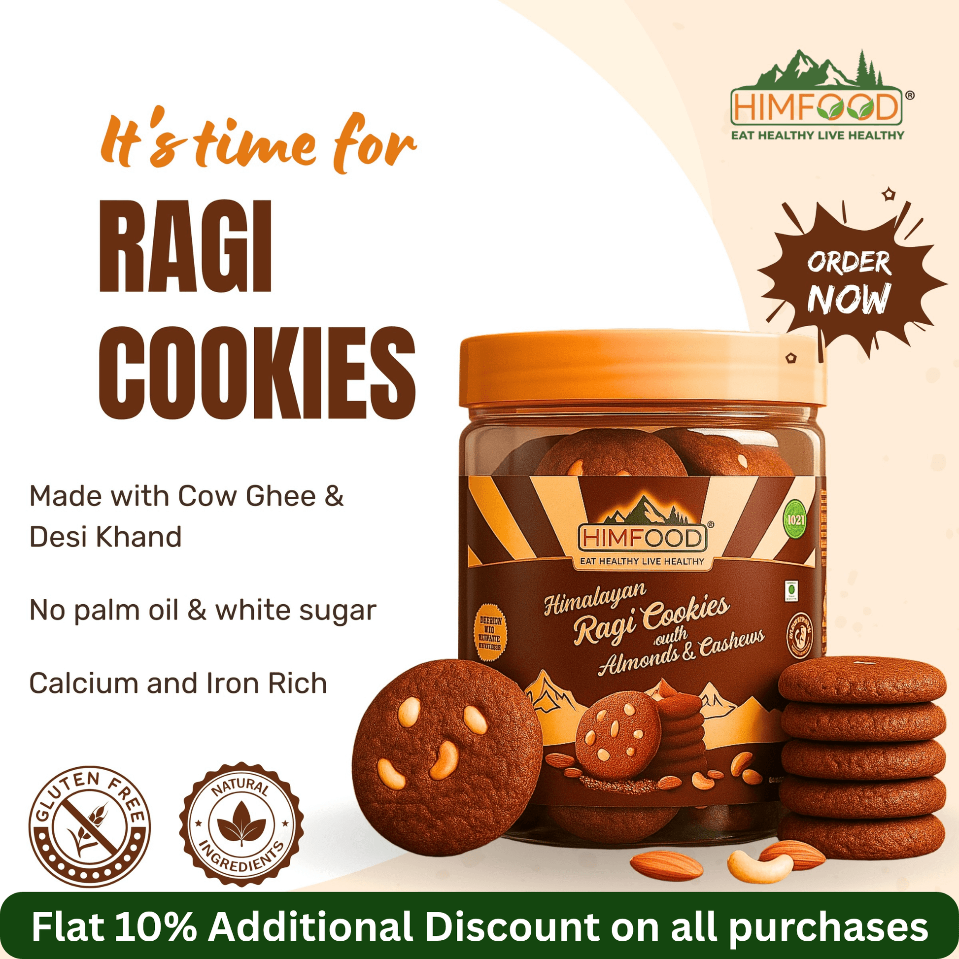 Himalayan ragi cookies with almonds and cashews in a jar with promotional text and health benefits.