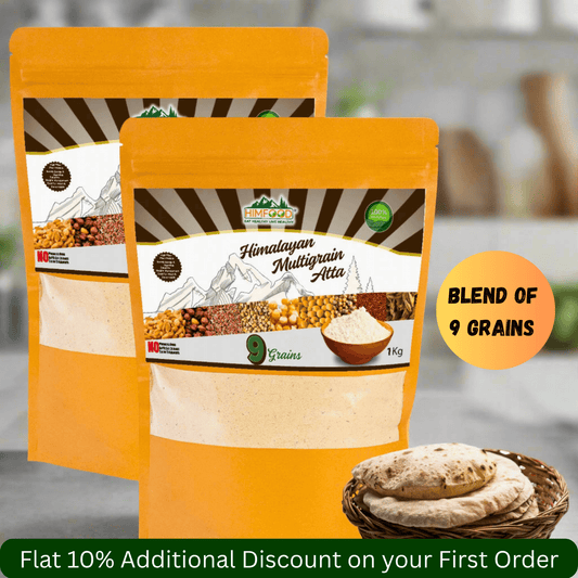 Himalayan Multigrain Atta pack of 2, blend of 9 grains, 1kg each, perfect for nutritious cooking.