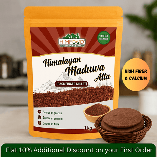 Himalayan Maduwa Atta packaging showcasing 1kg of finger millet flour with details on its nutritional benefits.