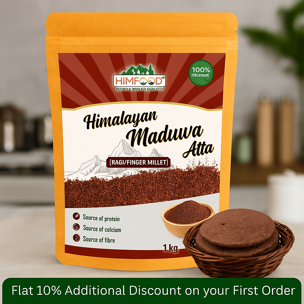 Himalayan Maduwa Atta 1kg package, organic Ragi/Finger Millet with health benefits displayed, Himfood brand.