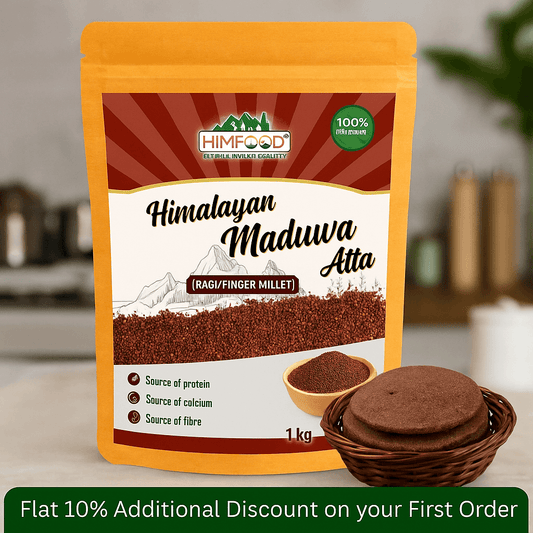 Himalayan Maduwa Atta 1kg package, organic Ragi/Finger Millet with health benefits displayed, Himfood brand.