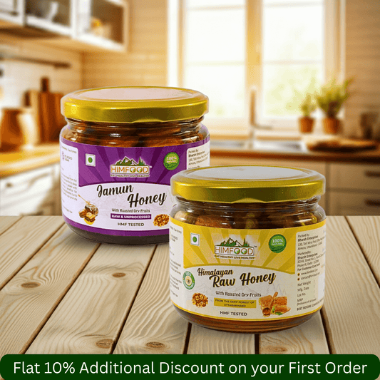 Himalayan Raw Honey Dry fruits combo featuring Jamun Honey and Multiflora Raw Honey jars on a wooden table