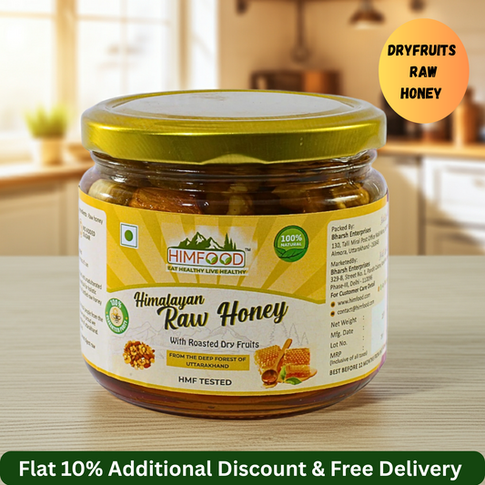 Himalayan Raw Honey with dry fruits – 400g jar featuring roasted dry fruits and a discount offer.