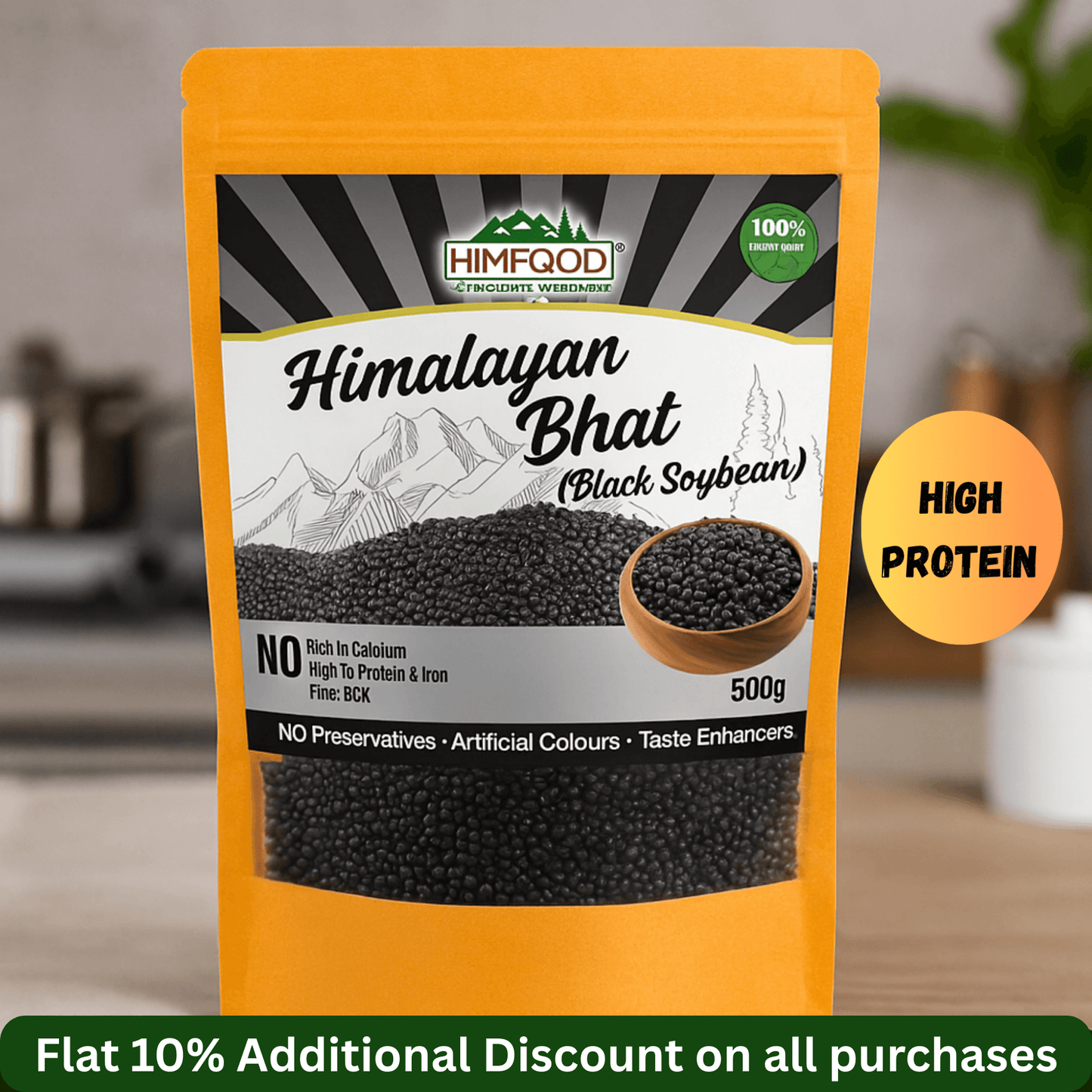 Himalayan black soybean in a 500g package showcasing its high protein content and no preservatives for healthy cooking.