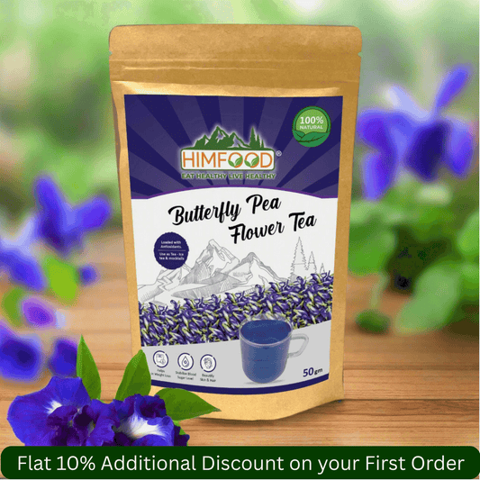 Butterfly Pea Flower Tea by Himfood, 50g pack featuring vibrant blue flowers and a 10% discount offer.