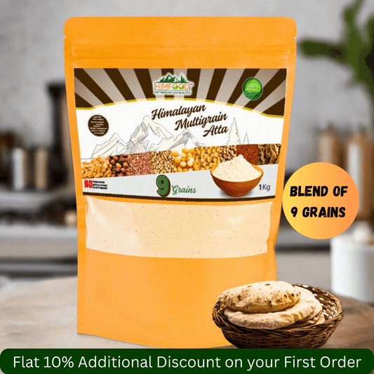 Himalayan Multigrain Atta 1kg package featuring blend of 9 grains and traditional flatbreads.
