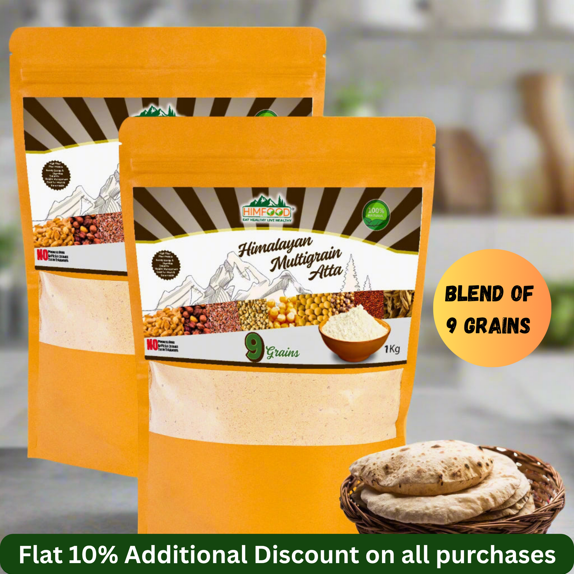 Himalayan Multigrain Atta pack of 2, showcasing blend of 9 grains with flat discount offer on all purchases.
