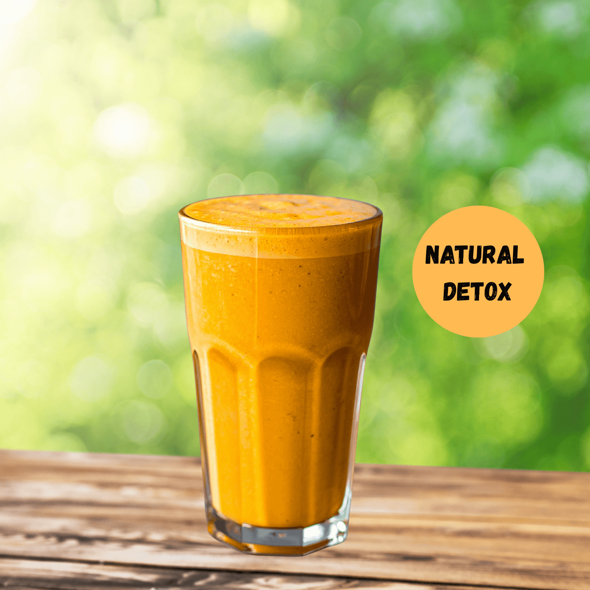 Himalayan Golden Liveras smoothie in a glass promoting natural detox with vibrant orange color.