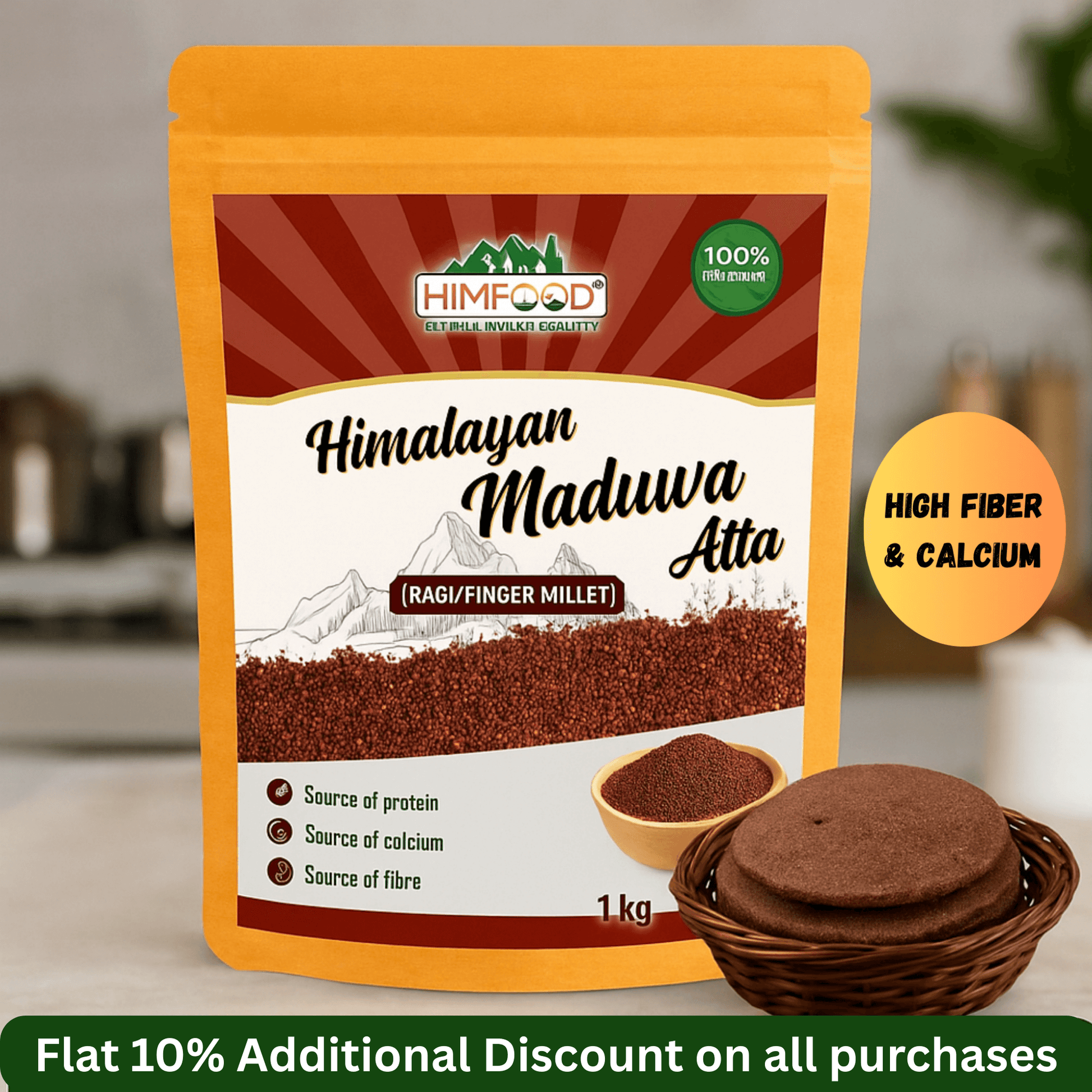 Himalayan Maduwa Atta (Finger Millet Flour) 1kg pack with high fiber and calcium, featuring a brown powder and traditional baked item.