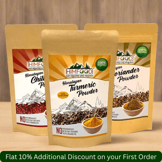 Himalayan spice combo featuring Himalayan Turmeric, Chilli, and Coriander powders in eco-friendly packaging.