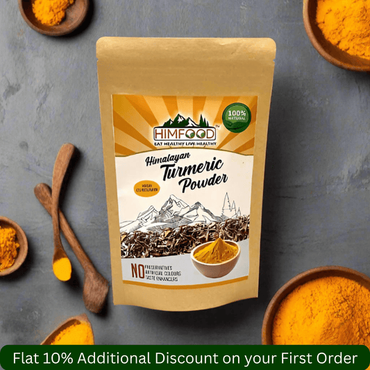 Himalayan High Curcumin Turmeric Powder package with wooden spoon and turmeric in bowls, featuring promotional text.