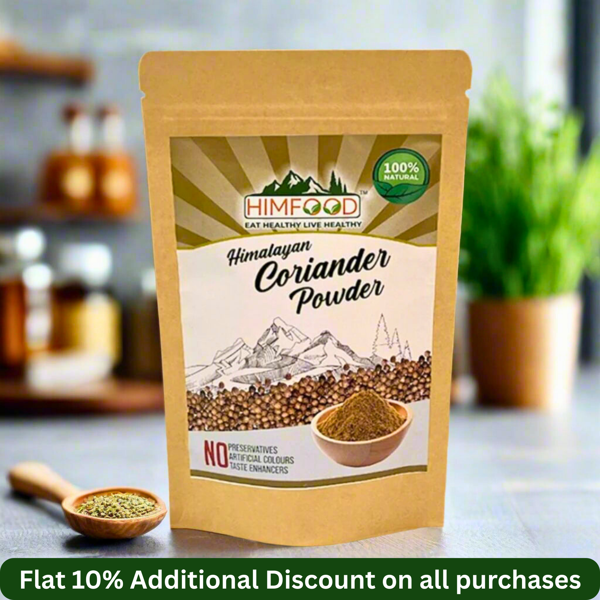 Himalayan Coriander Powder package showcasing 100% natural spice for flavorful cooking.