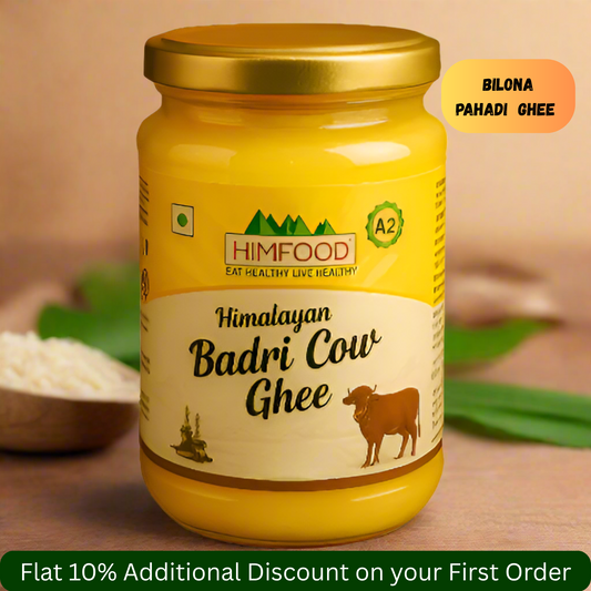 Himalayan Badri Cow Ghee jar showcasing traditional bilona method, perfect for healthy cooking.