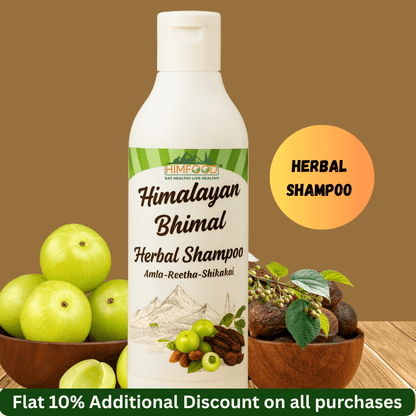 Himalayan herbal shampoo bottle featuring Bhimal, Amla, Reetha, and Shikakai with discount offer.