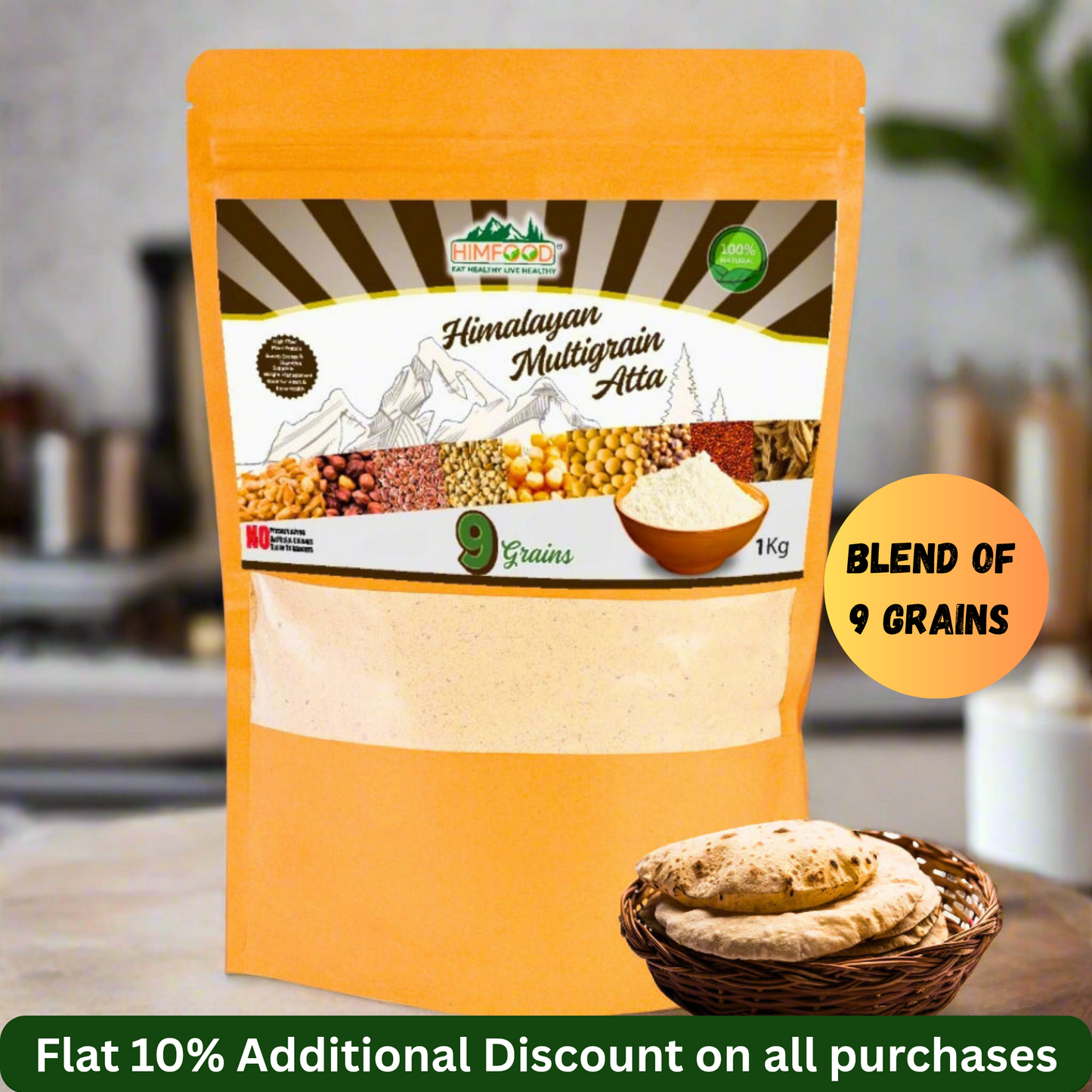 Himalayan Multigrain Atta 1kg package showcasing blend of 9 grains for wholesome nutrition.