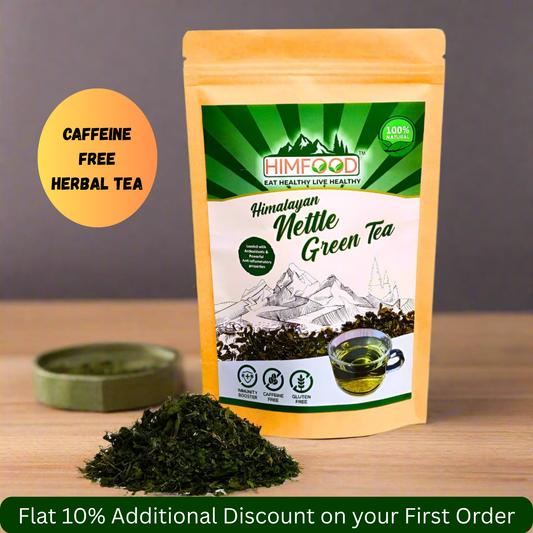 Himalayan Nettle Leaf Green Tea – 50g package with loose tea and discount offer, caffeine-free herbal tea.