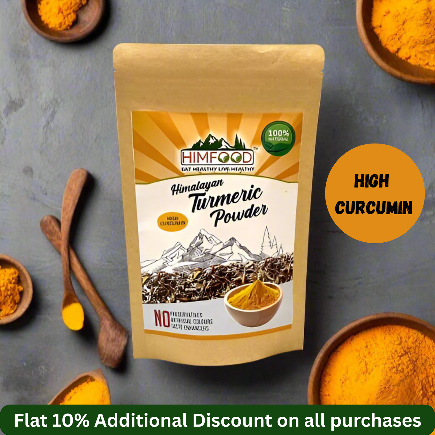 Himalayan High Curcumin Turmeric Powder packaging with vibrant colors and earthy design.