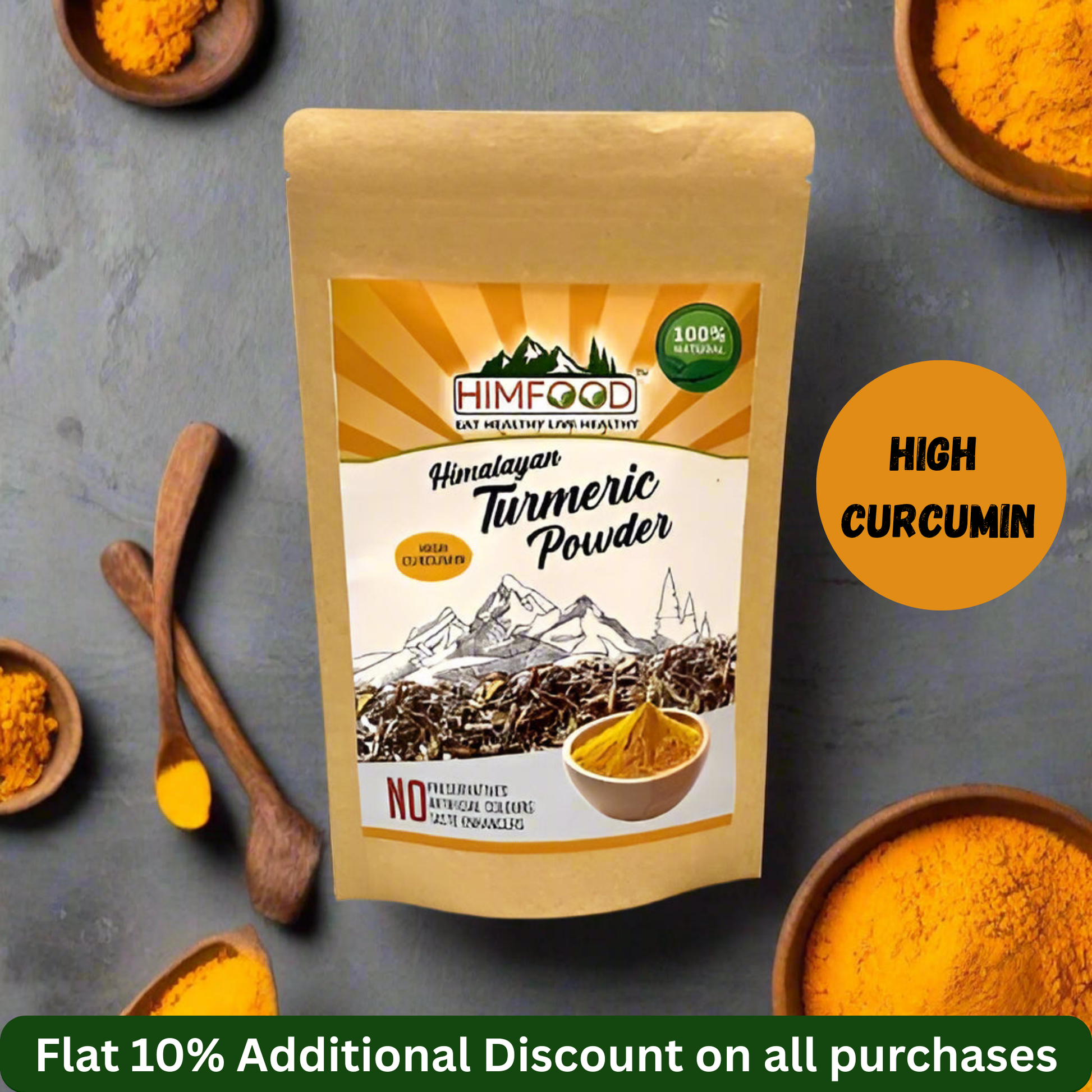 Himalayan High Curcumin Turmeric Powder packaging with vibrant colors and earthy design.
