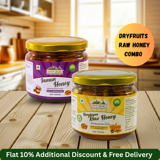 Himalayan raw honey Dry fruits combo jars featuring Jamun Honey and Himalayan Raw Honey with Dry Fruits.