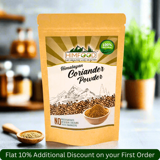 Himalayan Coriander Powder package featuring earthy aroma from Himalayan valleys, 300g, with discount offer.