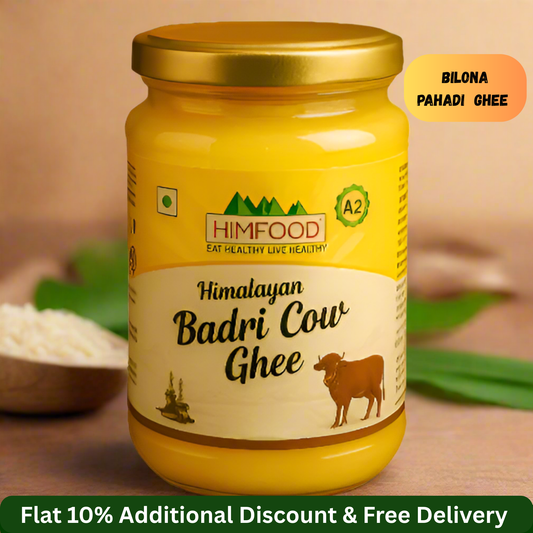 Himalayan Badri Cow Ghee jar from Himfood showcasing traditional bilona method with discount information.